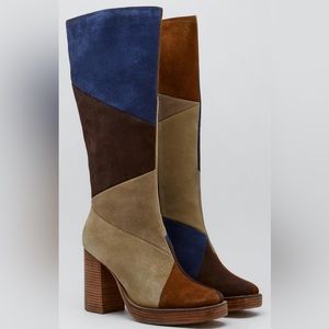 Nasty Gal real suede knee high patchwork boots. 90s vibes